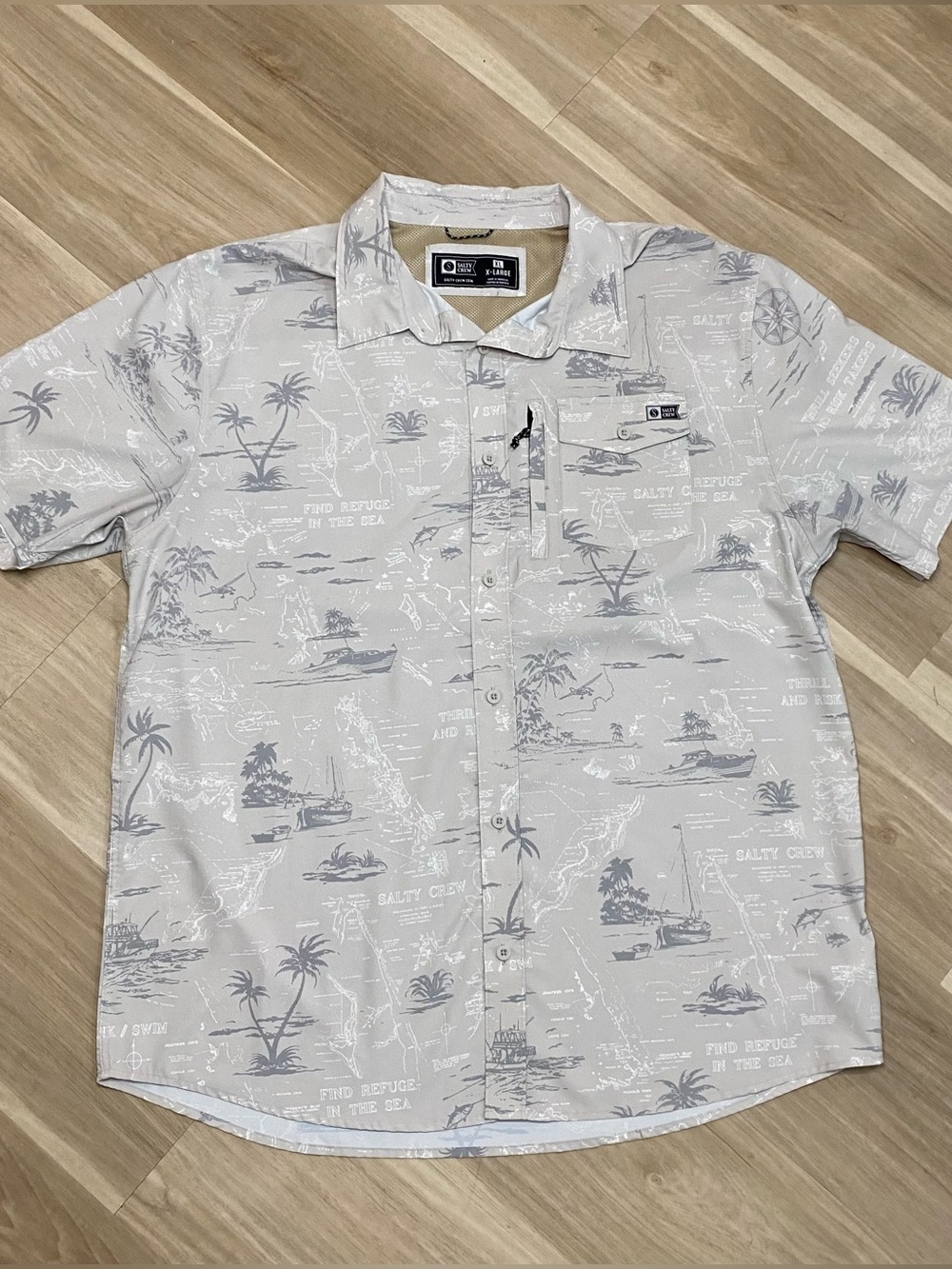 Salty Crew Light Gray Short-Sleeve Button-Up with Tropical Sketch Print
